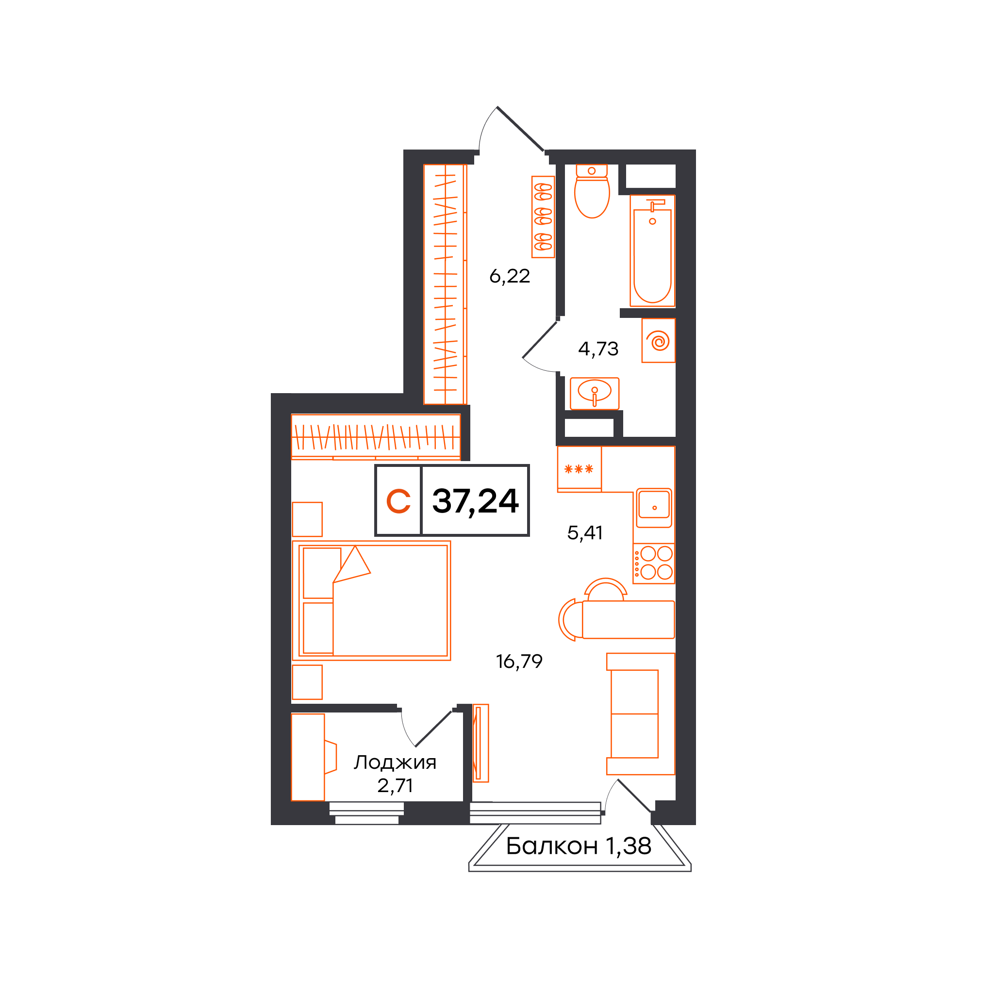 Планировка: Студия 37.2 м² в ЖК Отличие, Комарово Парк