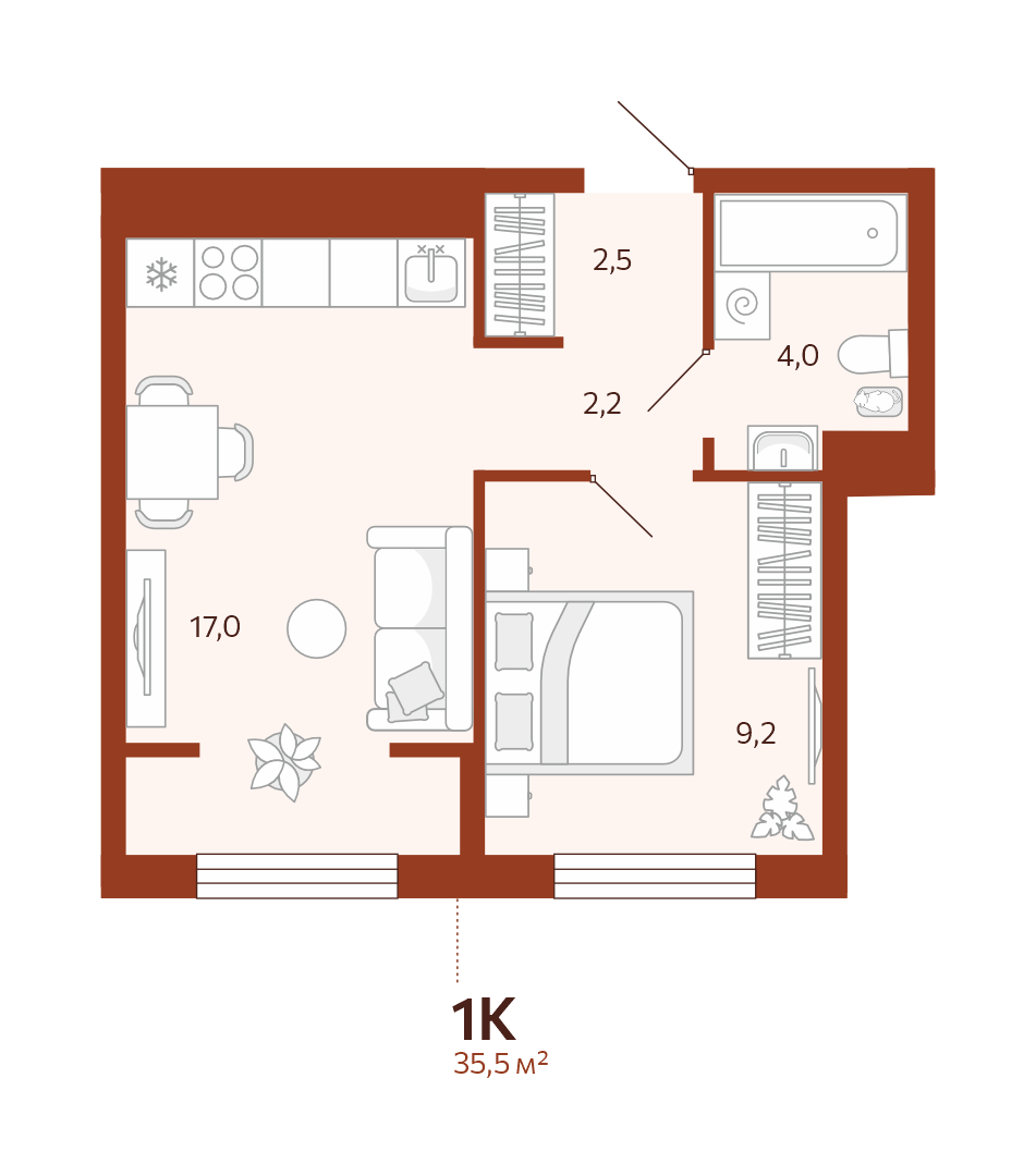 Планировка: Евродвушка 35.5 м² в ЖК Новатор, Центр: КПД
