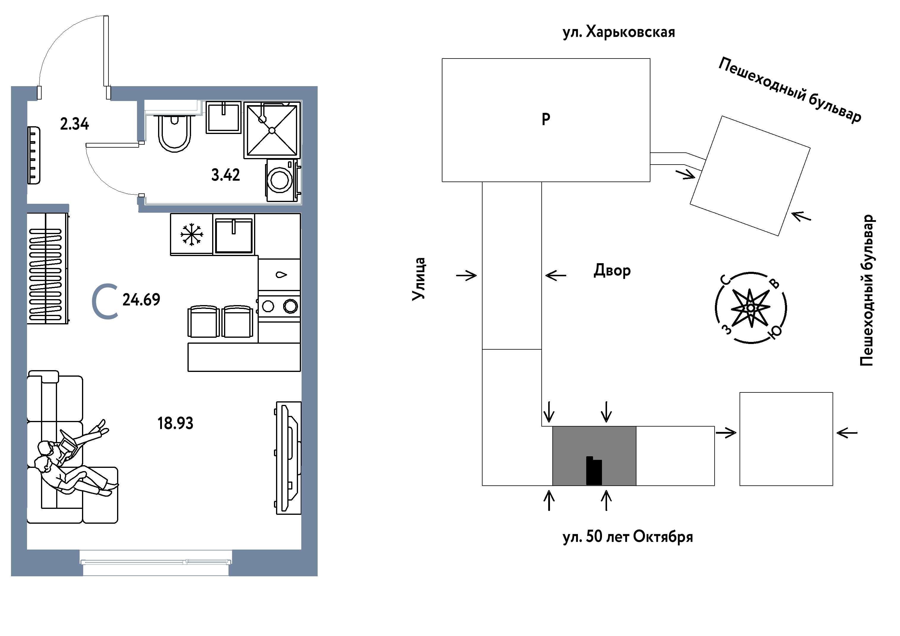 Планировка: Студия 24.7 м² в ЖК Сердце Сибири, Центр: КПД