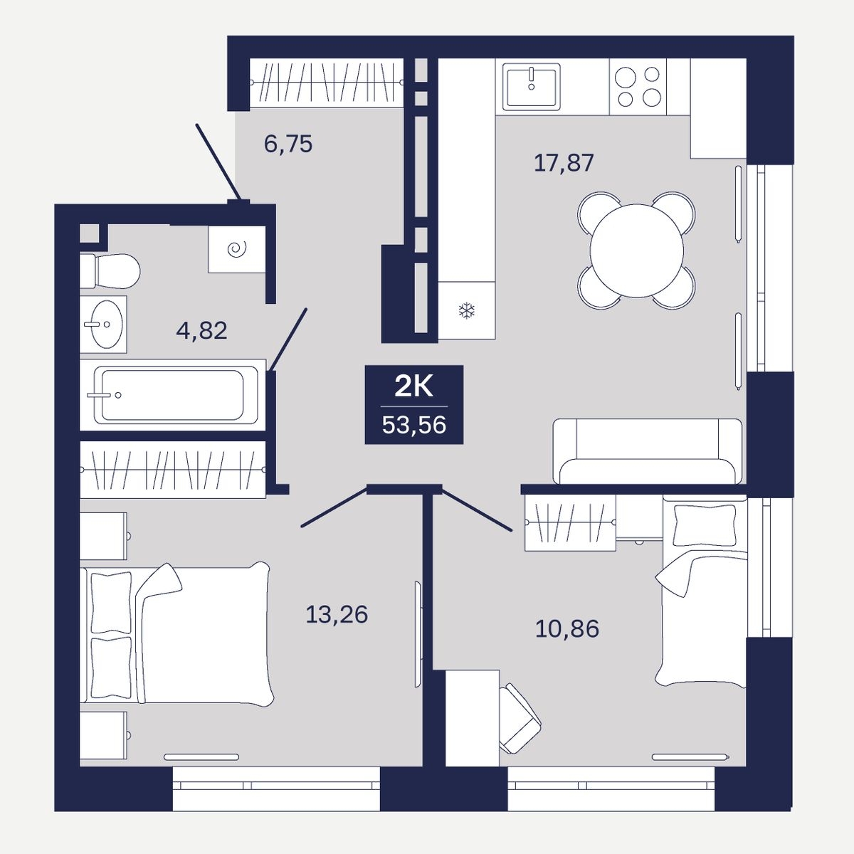Планировка: Евротрешка 53.6 м² в ЖК Дом на Ямской, Дом Обороны