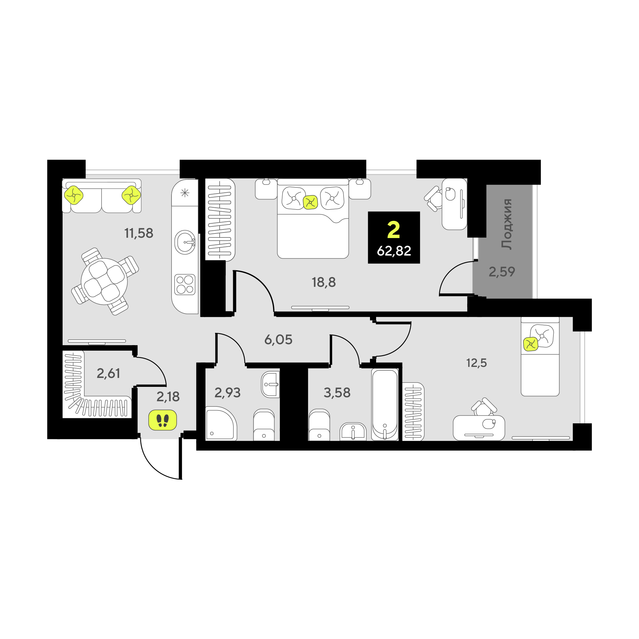 Планировка: Евротрешка 62.8 м² в ЖК Мотивы, От Плеханова до Южного