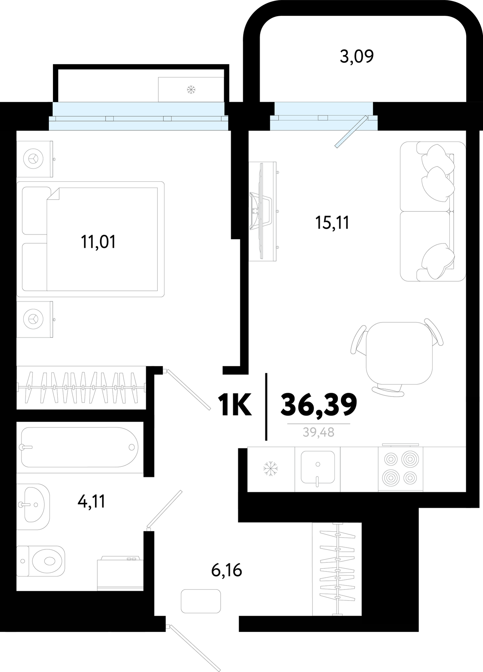 Планировка: Евродвушка 36.4 м² в ЖК Символ, Комарово Парк