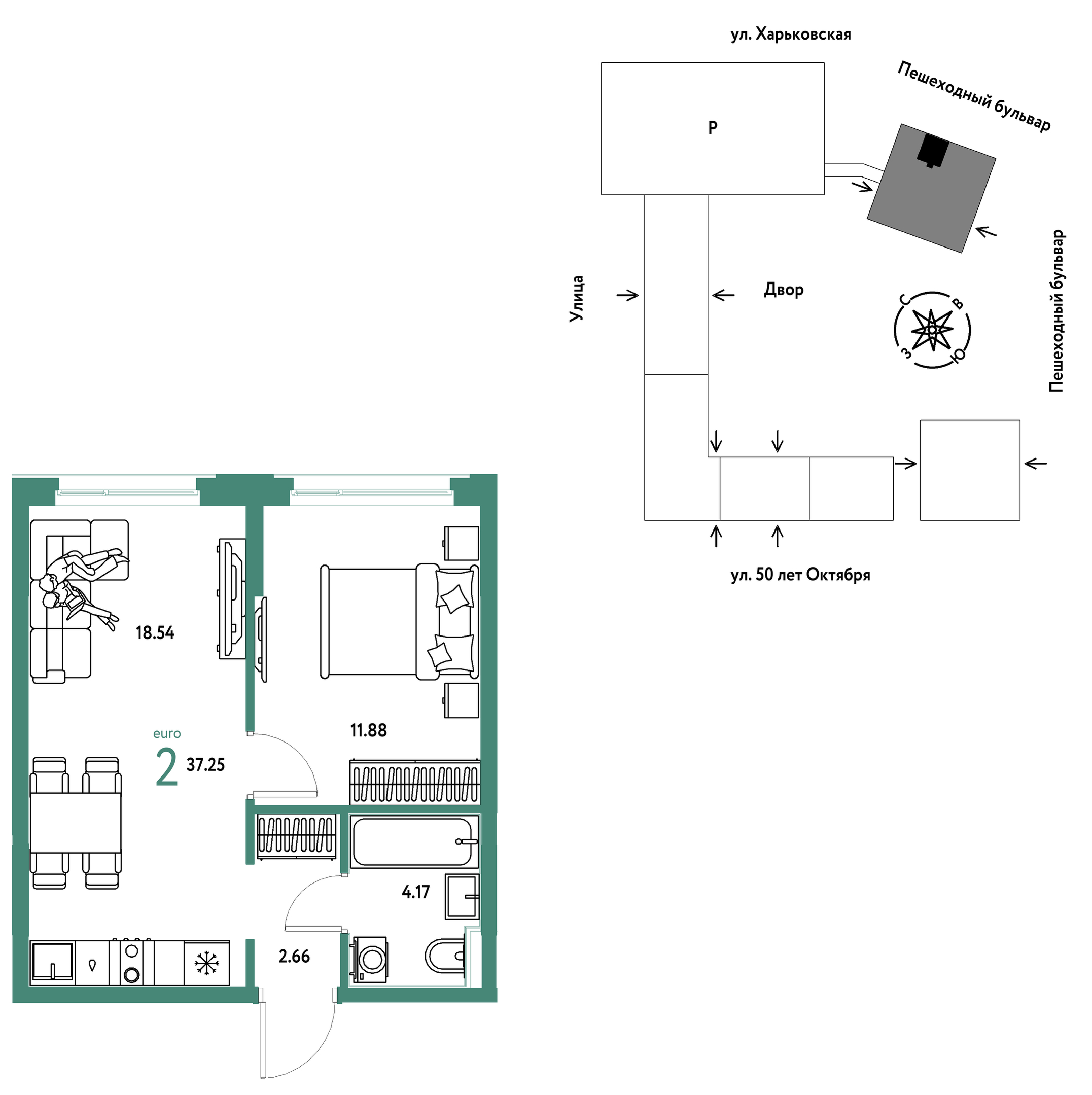 Планировка: Евродвушка 37.2 м² в ЖК Сердце Сибири, Центр: КПД