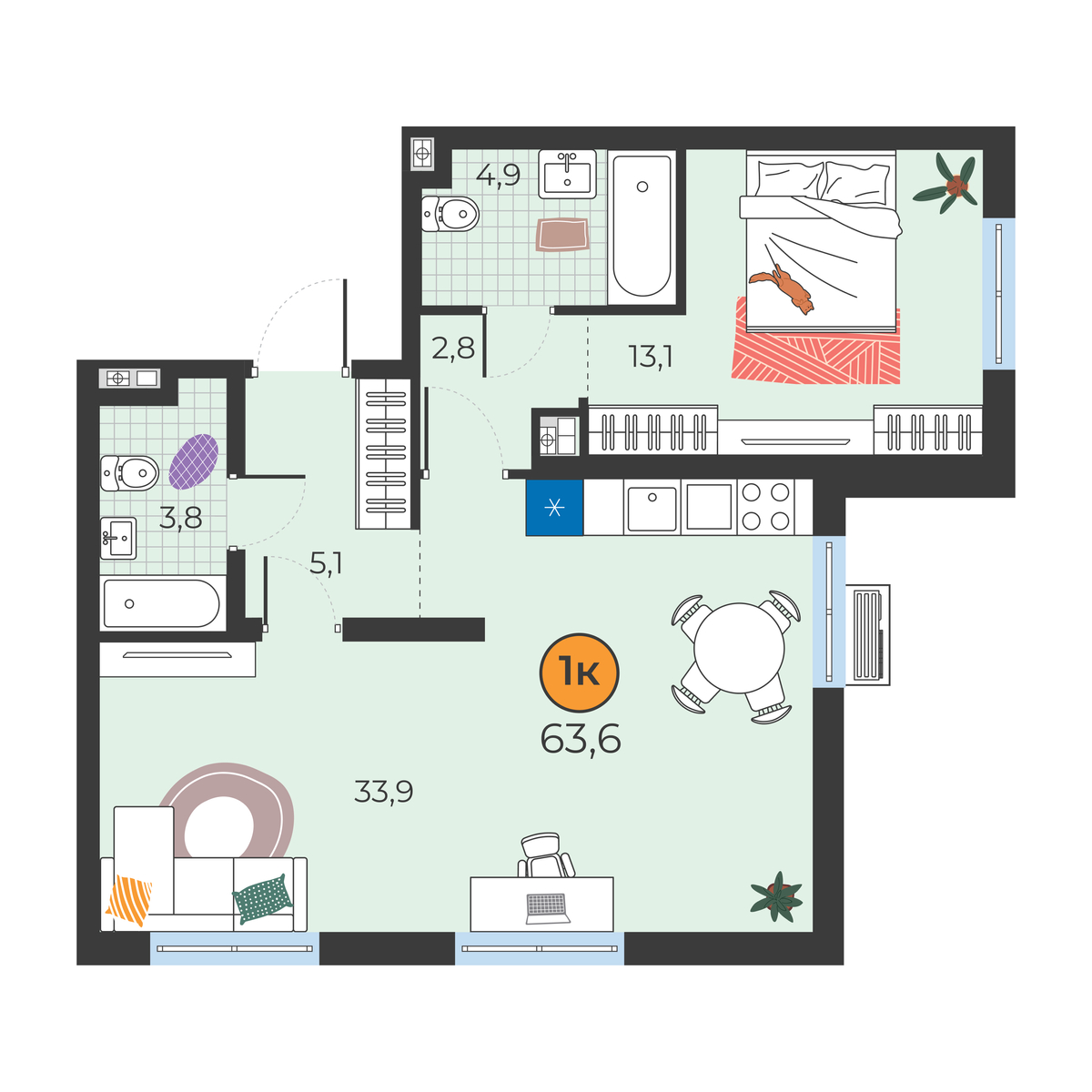 Планировка: Евродвушка 63.6 м² в ЖК Корней, Южный