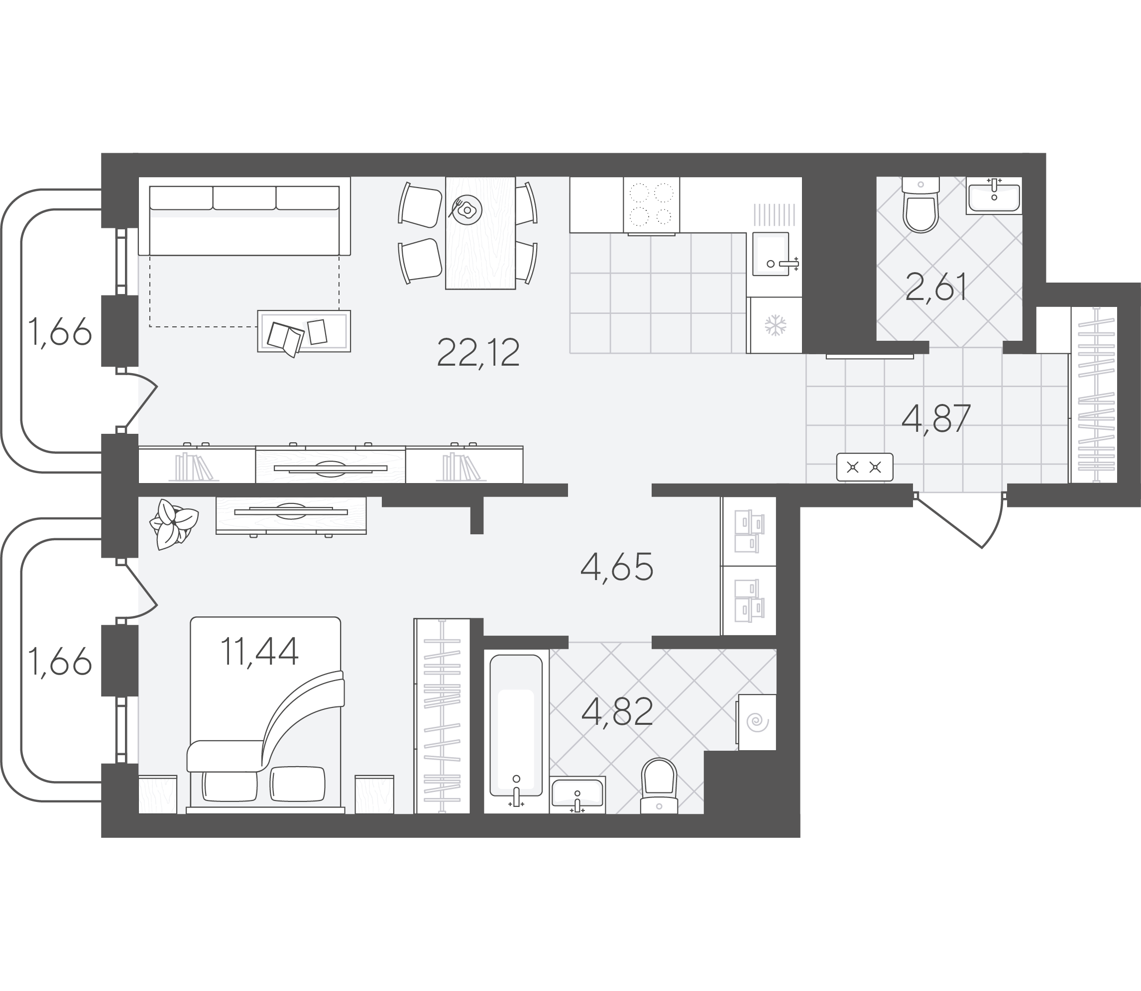 Планировка: Евродвушка 53.8 м² в ЖК Скандиа. Квартал в Слободе, Тюменская слобода