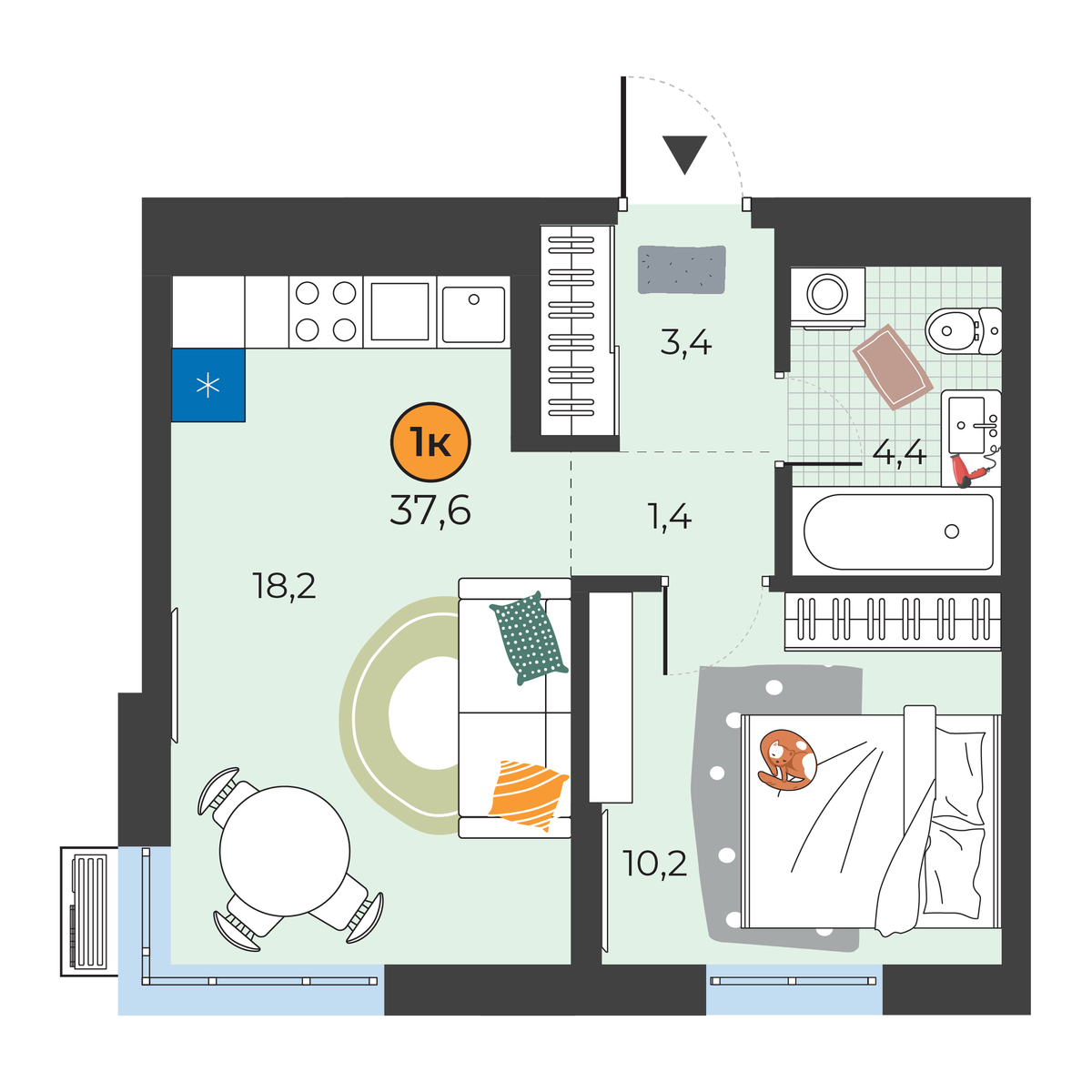 Планировка: Евродвушка 37.6 м² в ЖК Корней, Южный