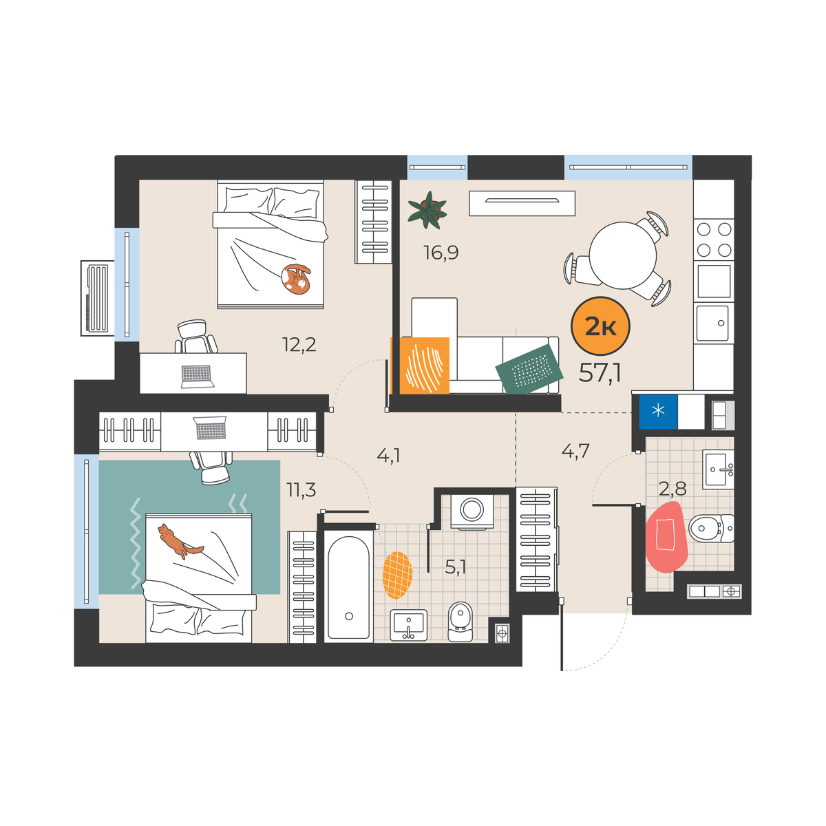 Планировка: Евротрешка 57.1 м² в ЖК Корней, Южный