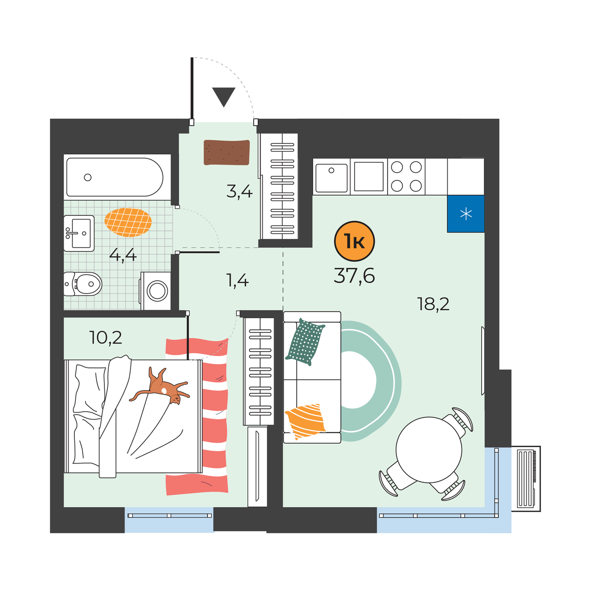 Планировка: Евродвушка 37.6 м² в ЖК Корней, Южный