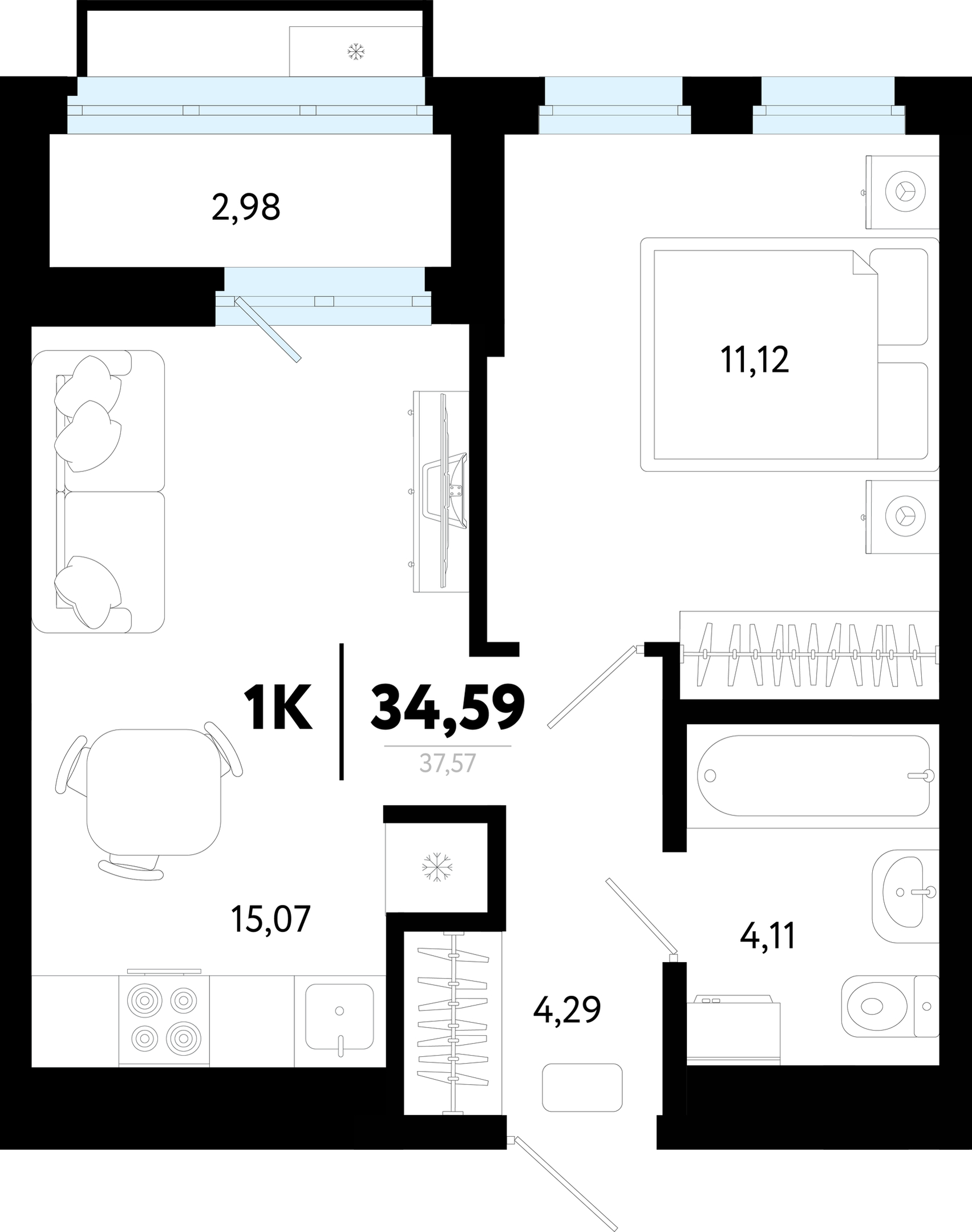 Планировка: Евродвушка 34.6 м² в ЖК Символ, Комарово Парк
