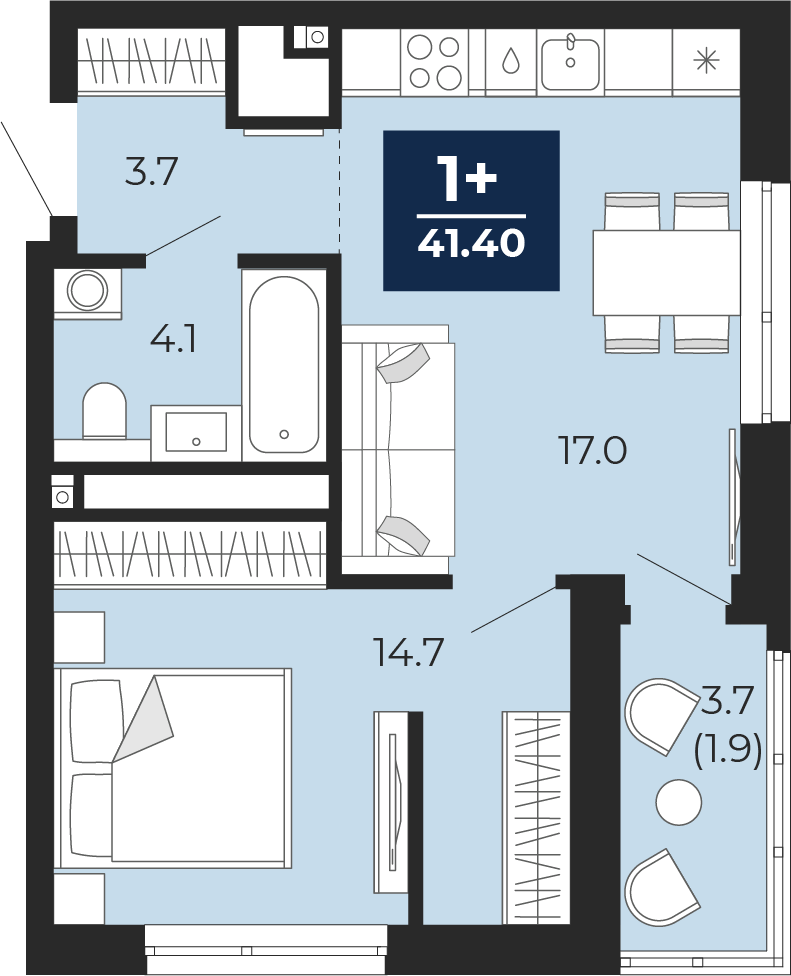 Планировка: Евродвушка 39.5 м² в ЖК Мириады, Мыс