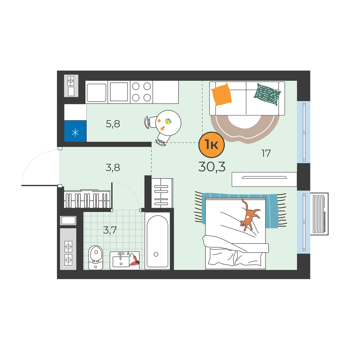 Планировка: Студия 30.3 м² в ЖК Корней, Южный
