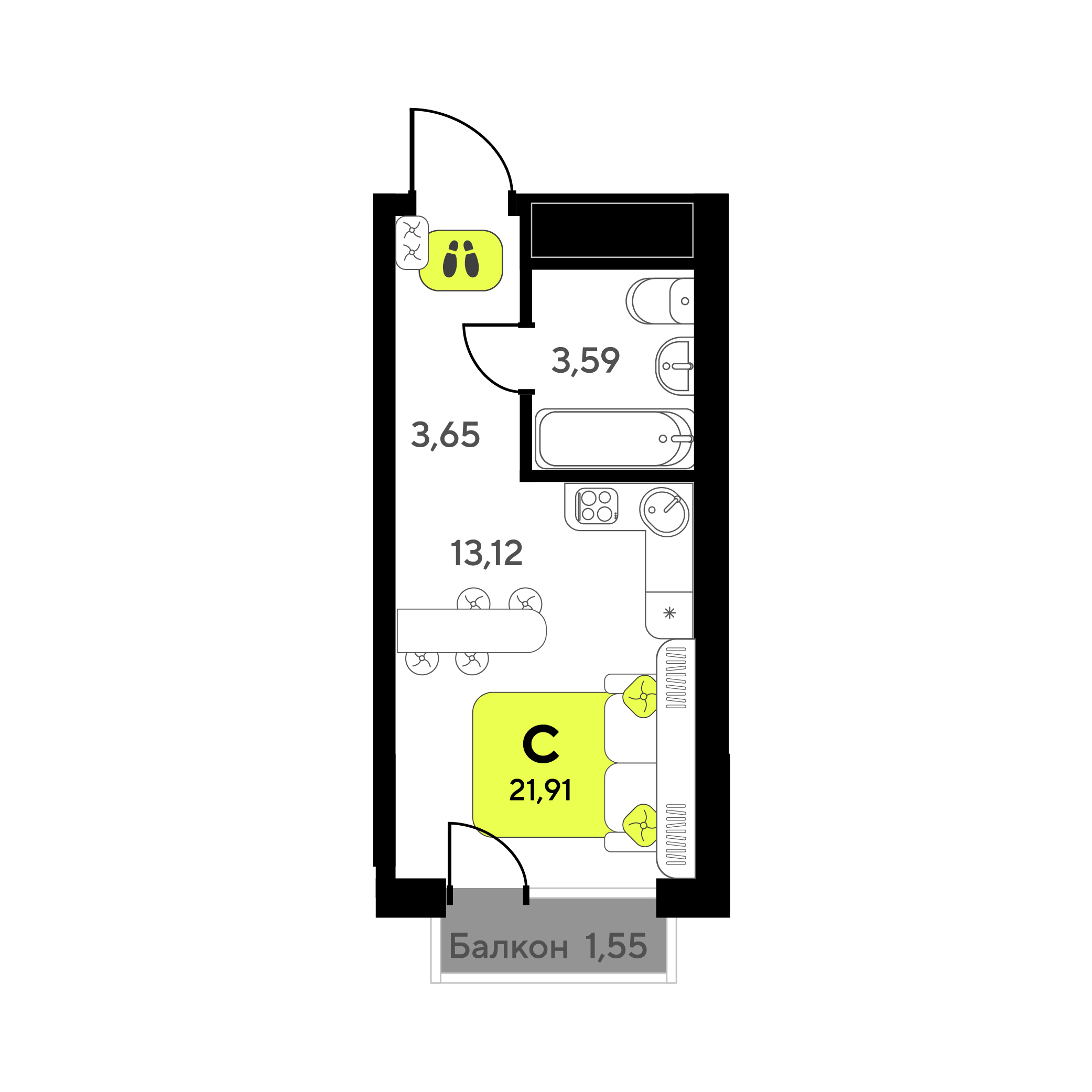 Планировка: Студия 21.9 м² в ЖК Мотивы, От Плеханова до Южного