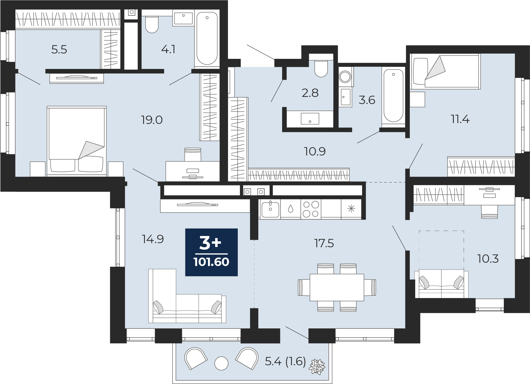 Планировка: 4-комнатная евро 100 м² в ЖК Мириады, Мыс