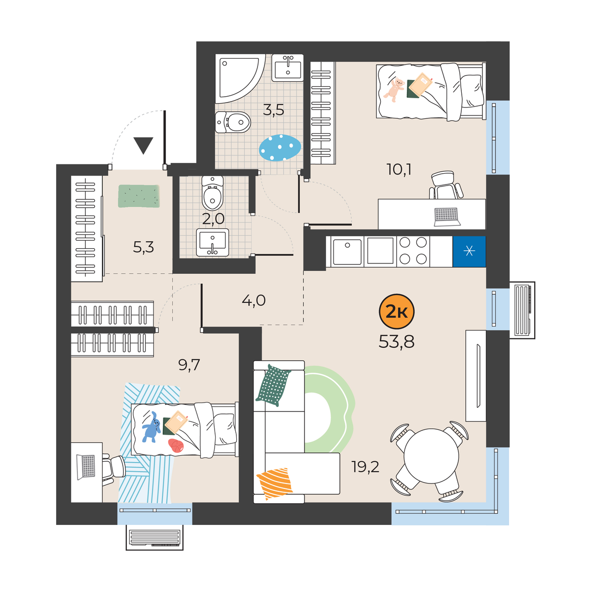 Планировка: Евротрешка 53.8 м² в ЖК Корней, Южный