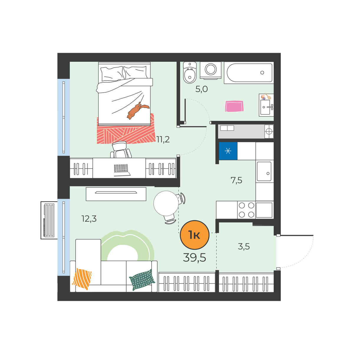 Планировка: Евродвушка 39.5 м² в ЖК Корней, Южный