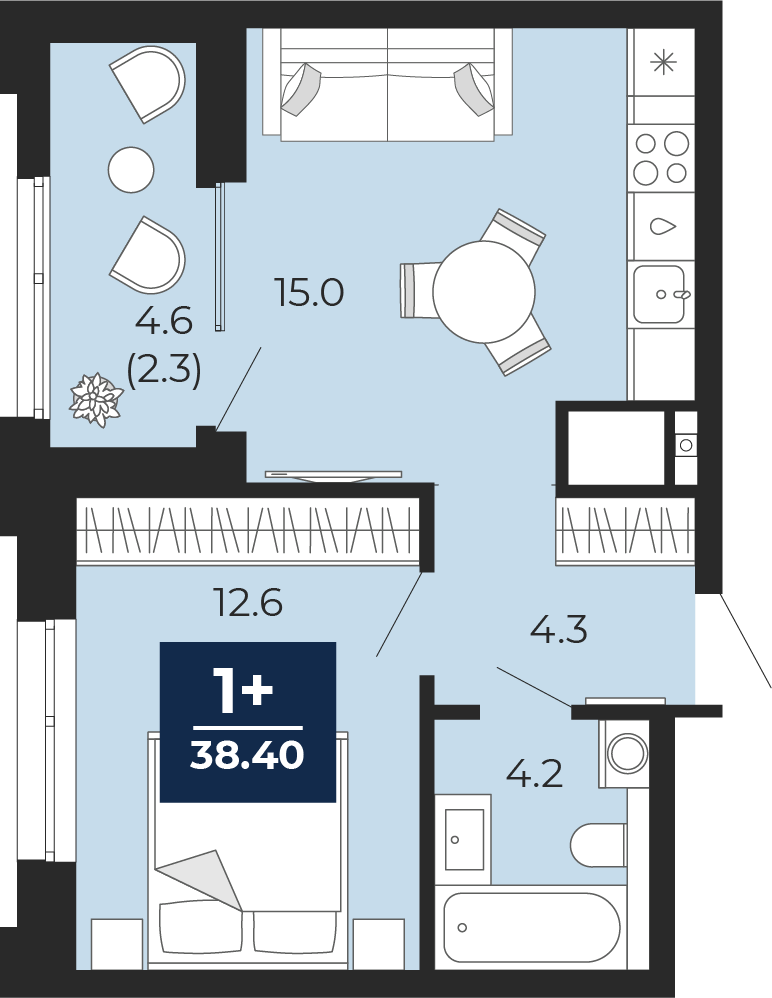 Планировка: Евродвушка 36.1 м² в ЖК Мириады, Мыс