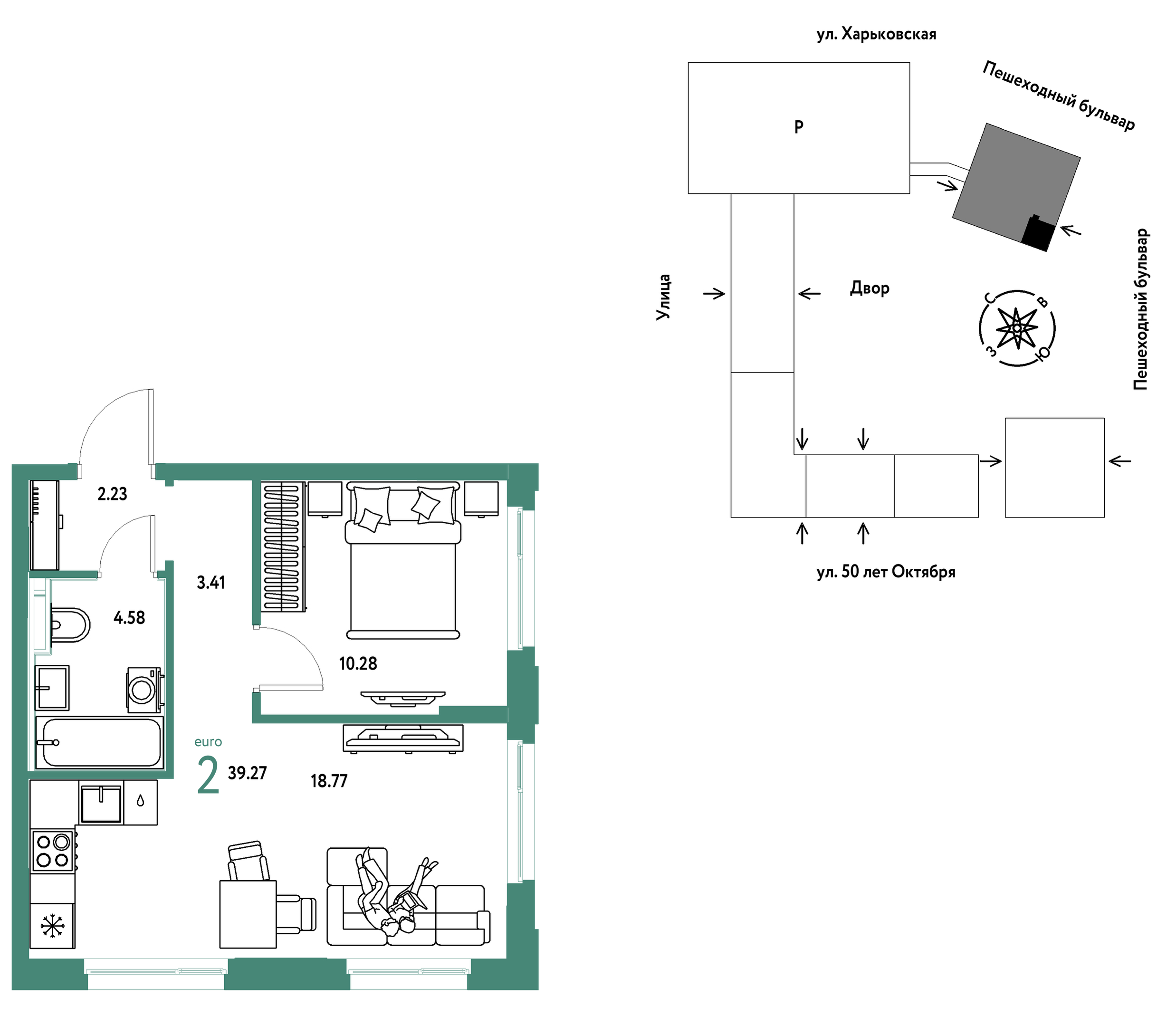 Планировка: Евродвушка 39.3 м² в ЖК Сердце Сибири, Центр: КПД
