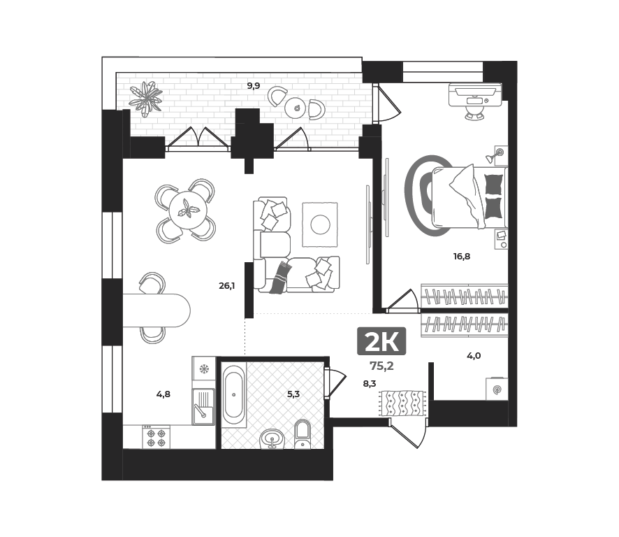 Планировка: Евродвушка 75.4 м² в ЖК Маэстро, 5-й Заречный