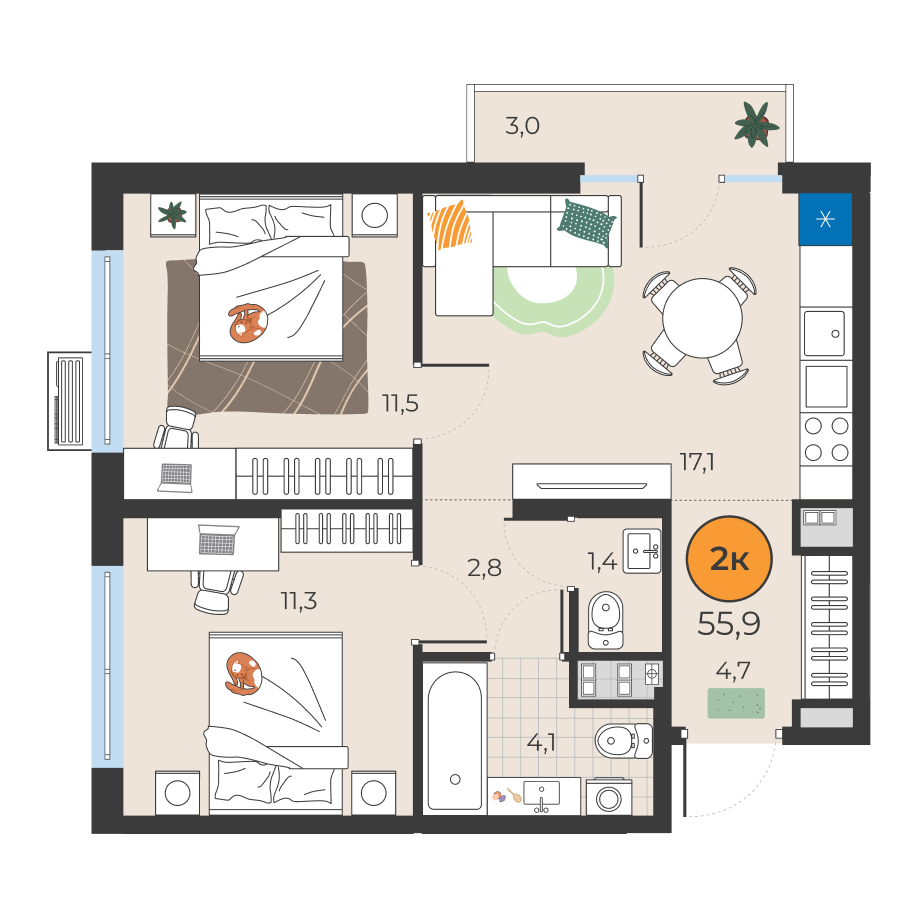 Планировка: Евротрешка 52.9 м² в ЖК Корней, Южный