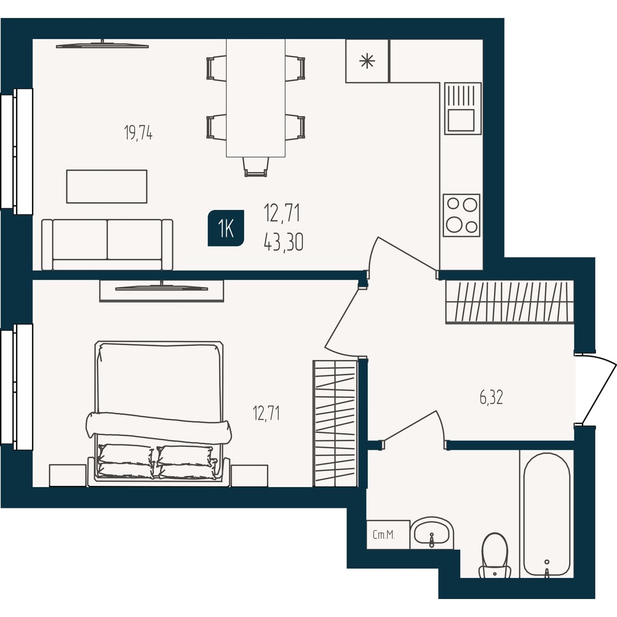 Планировка: Евродвушка 43.3 м² в ЖК Квартал мятный, Мыс