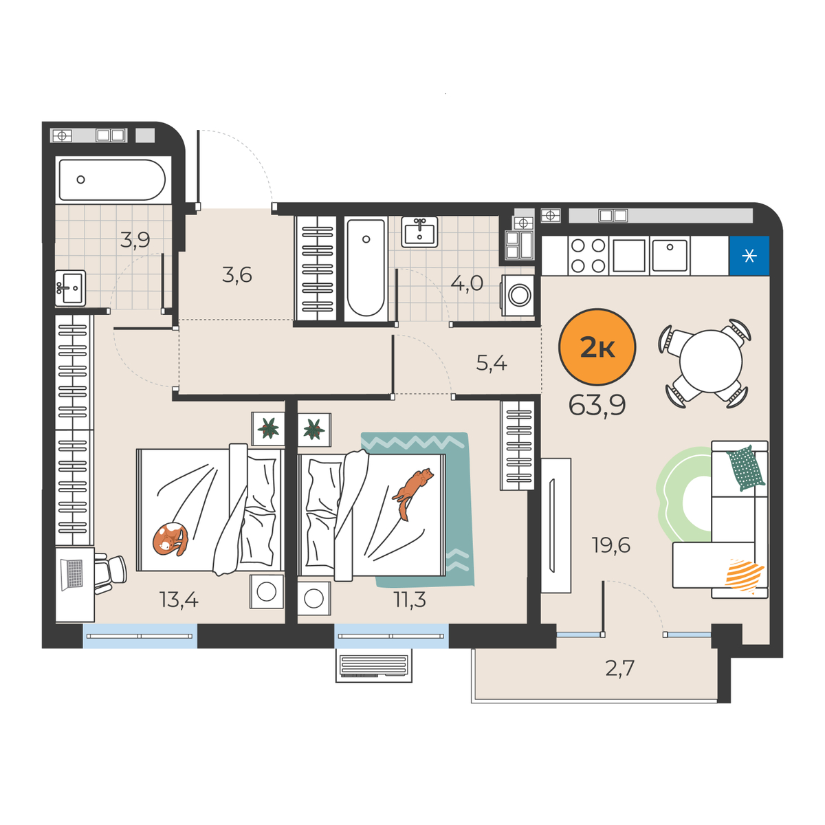 Планировка: Евротрешка 63.8 м² в ЖК Корней, Южный