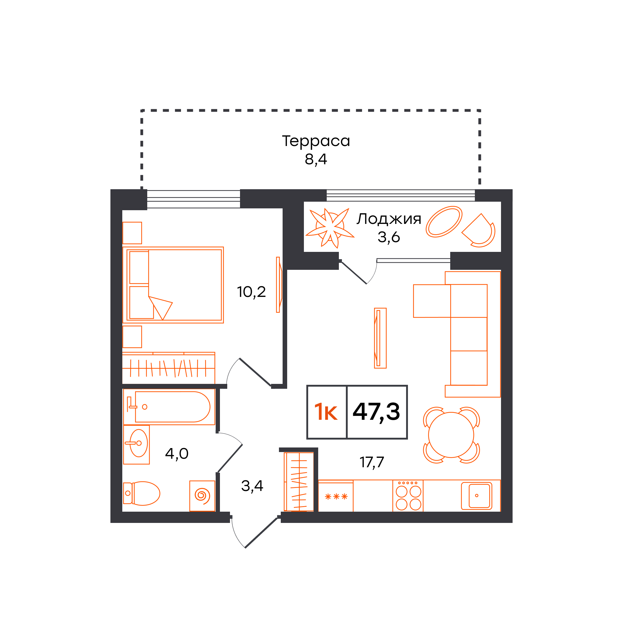 Планировка: Евродвушка 47.3 м² в ЖК Чемпионский, Чемпионский