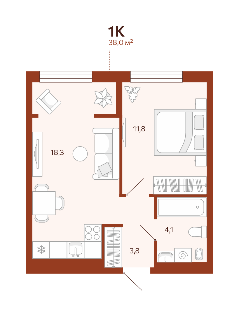 Планировка: Евродвушка 38 м² в ЖК Новатор, Центр: КПД