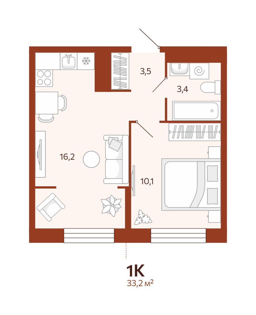 Планировка: Евродвушка 33.2 м² в ЖК Новатор, Центр: КПД
