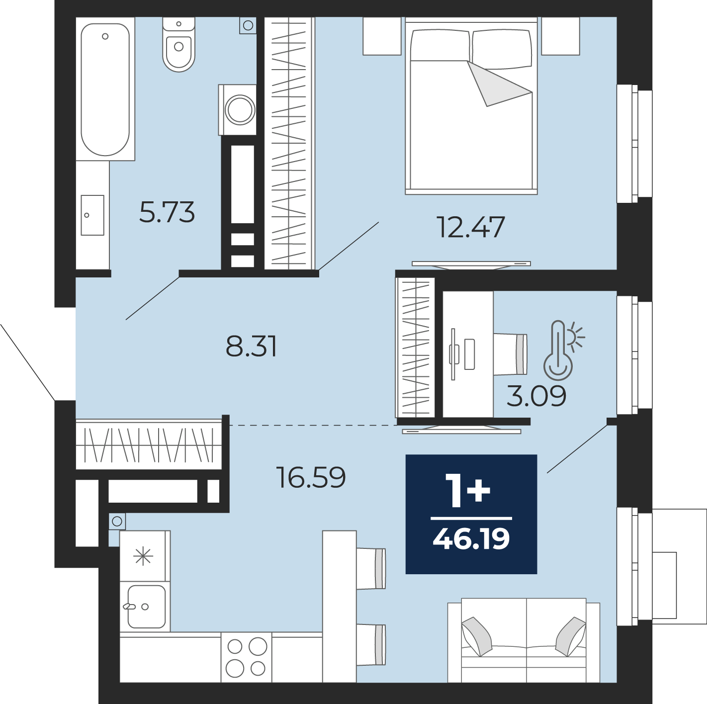 Планировка: Евродвушка 46.2 м² в ЖК Айвазовский, 5-й Заречный