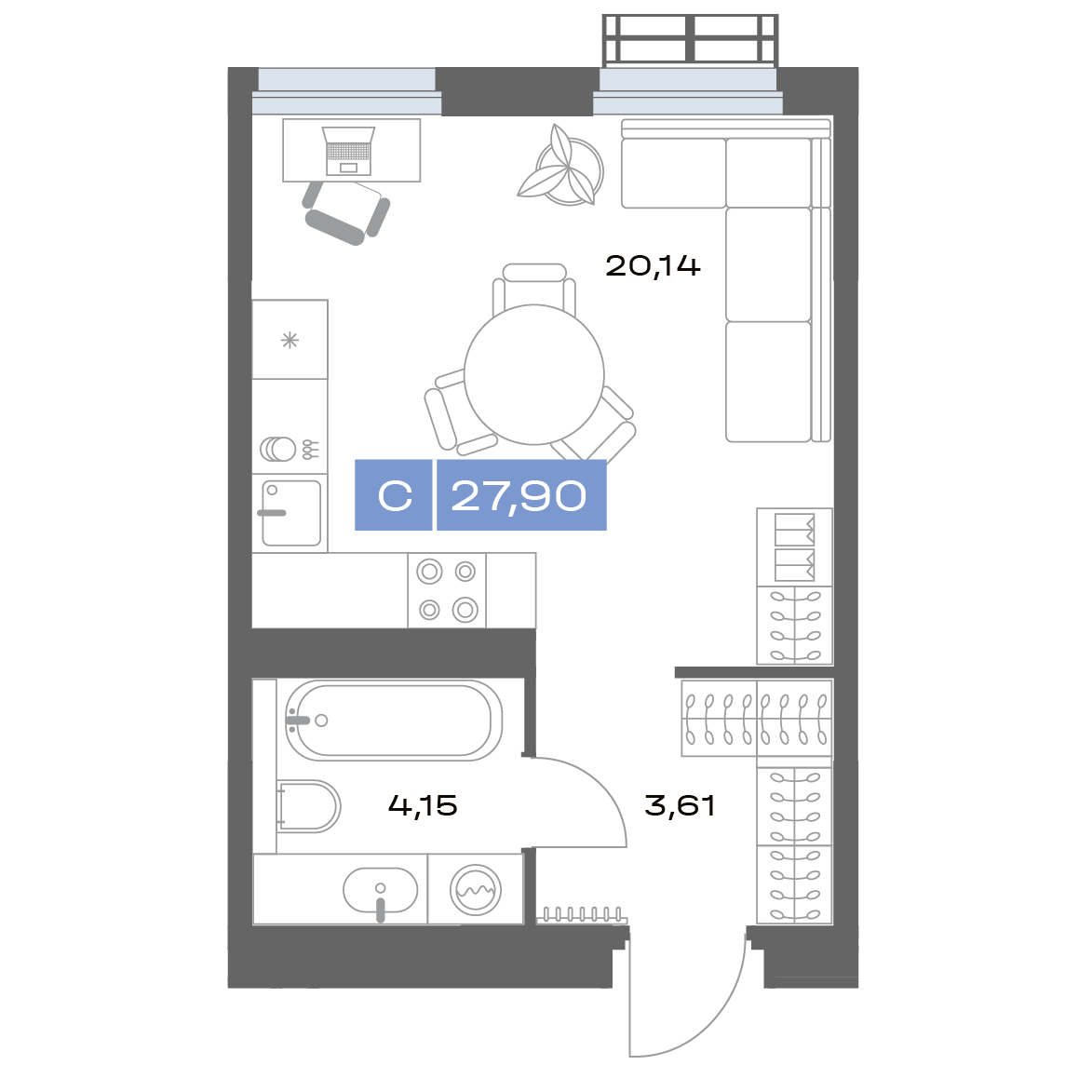 Планировка: Студия 27.9 м² в ЖК Толк Медный, Ватутина
