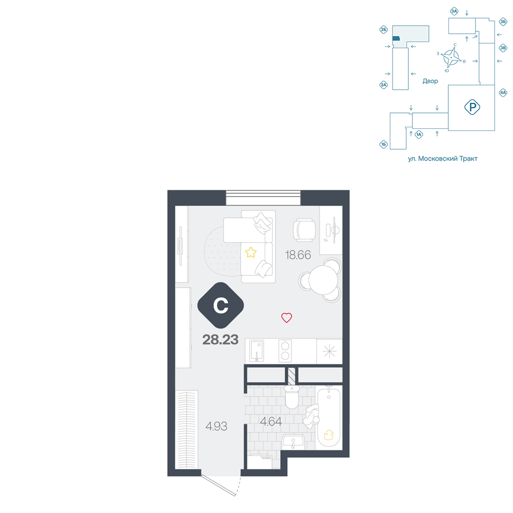 Планировка: Студия 28.2 м² в ЖК Сибирский, Московский тракт