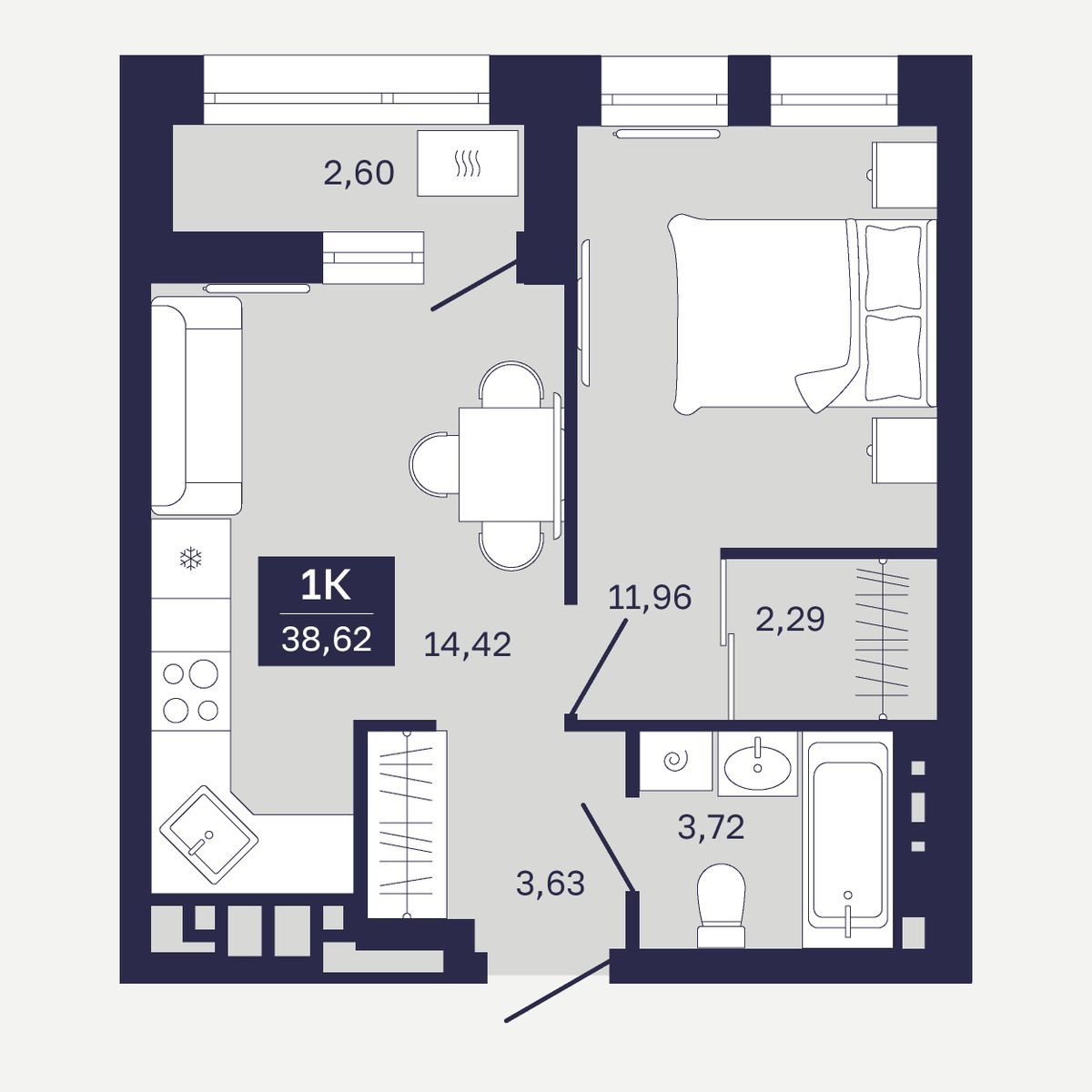 Планировка: Евродвушка 38.6 м² в ЖК Дом на Ямской, Дом Обороны