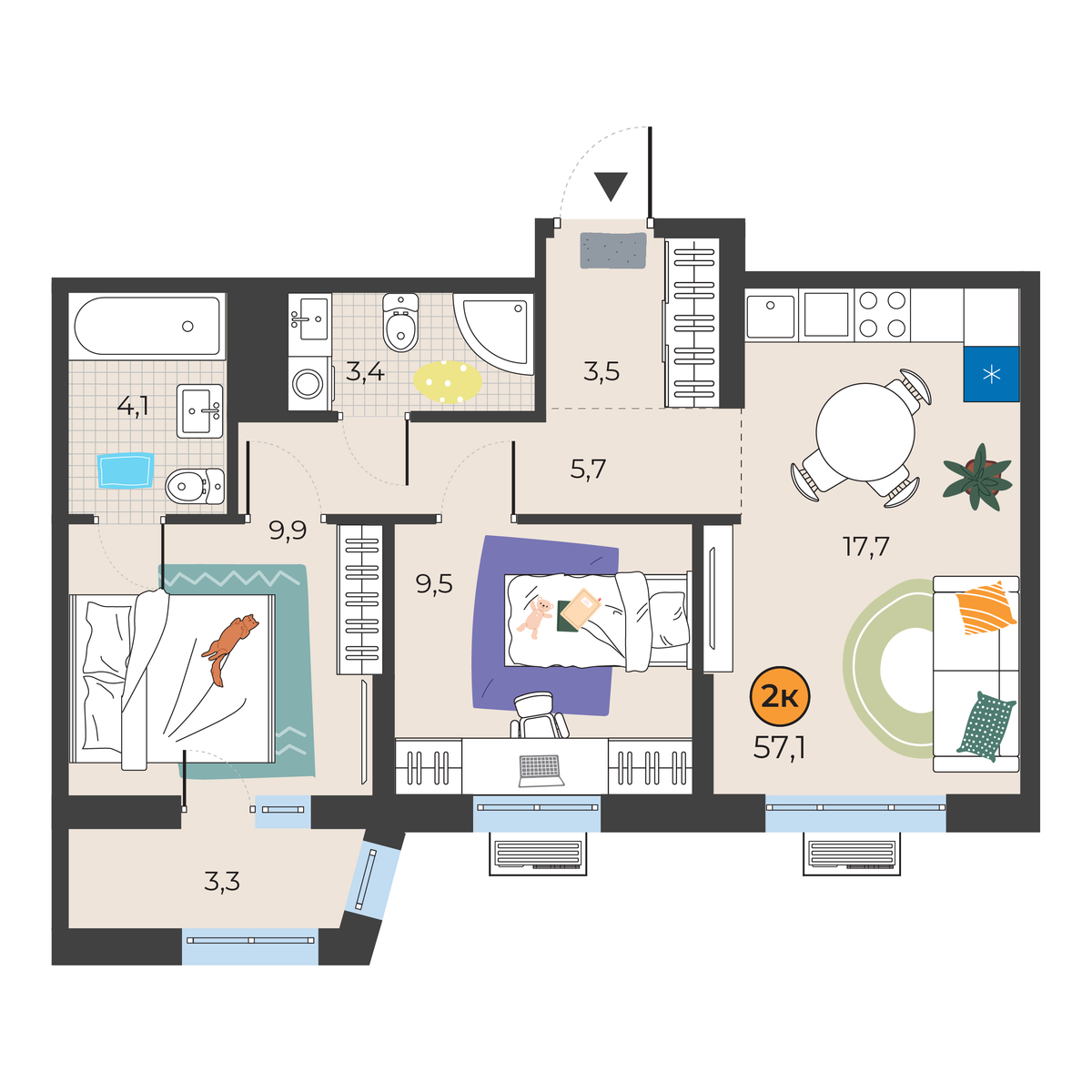 Планировка: Евротрешка 54.8 м² в ЖК Корней, Южный