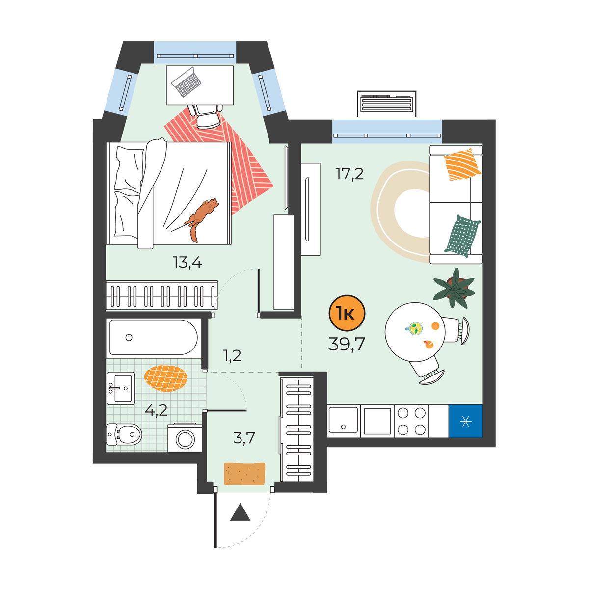 Планировка: Евродвушка 39.7 м² в ЖК Корней, Южный