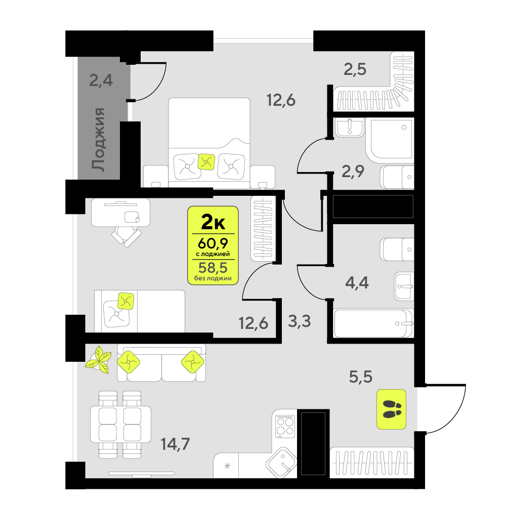 Планировка: Евротрешка 60.9 м² в ЖК Мотивы, От Плеханова до Южного
