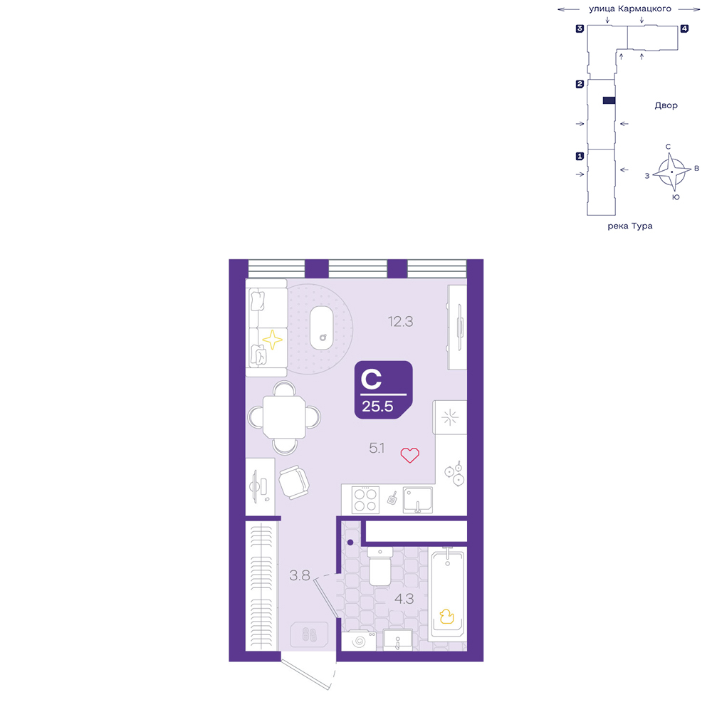 Планировка: Студия 25.5 м² в ЖК Космо, 5-й Заречный