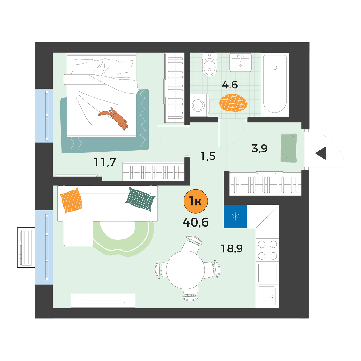 Планировка: Евродвушка 40.6 м² в ЖК Корней, Южный