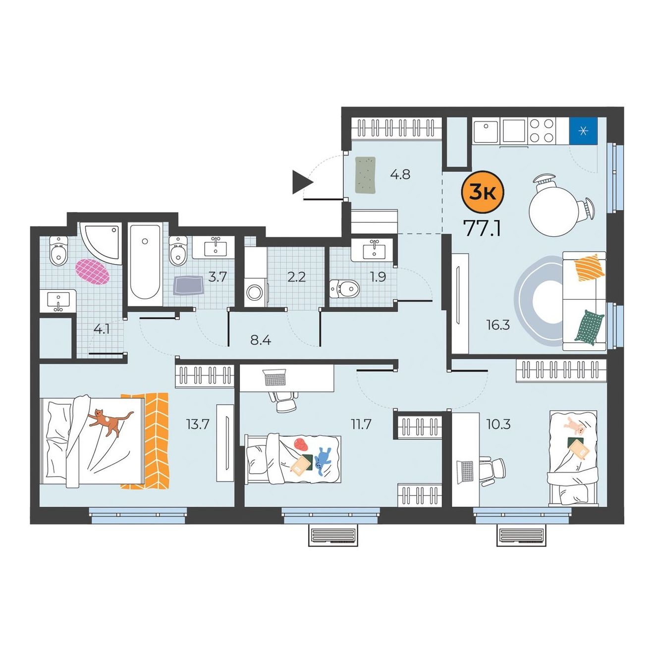 Планировка: 4-комнатная евро 77.1 м² в ЖК Корней, Южный