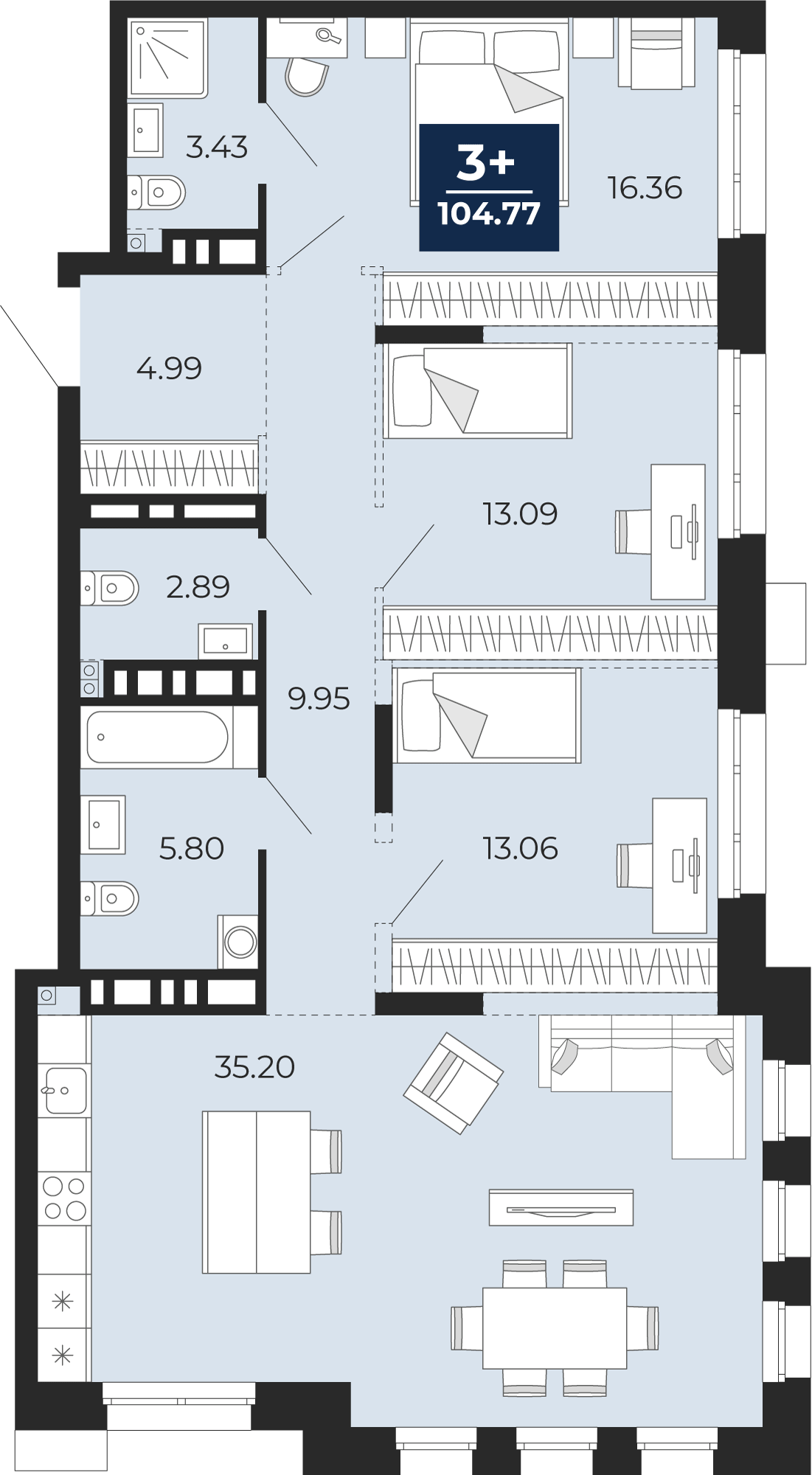 Планировка: 4-комнатная евро 104.8 м² в ЖК Айвазовский, 5-й Заречный