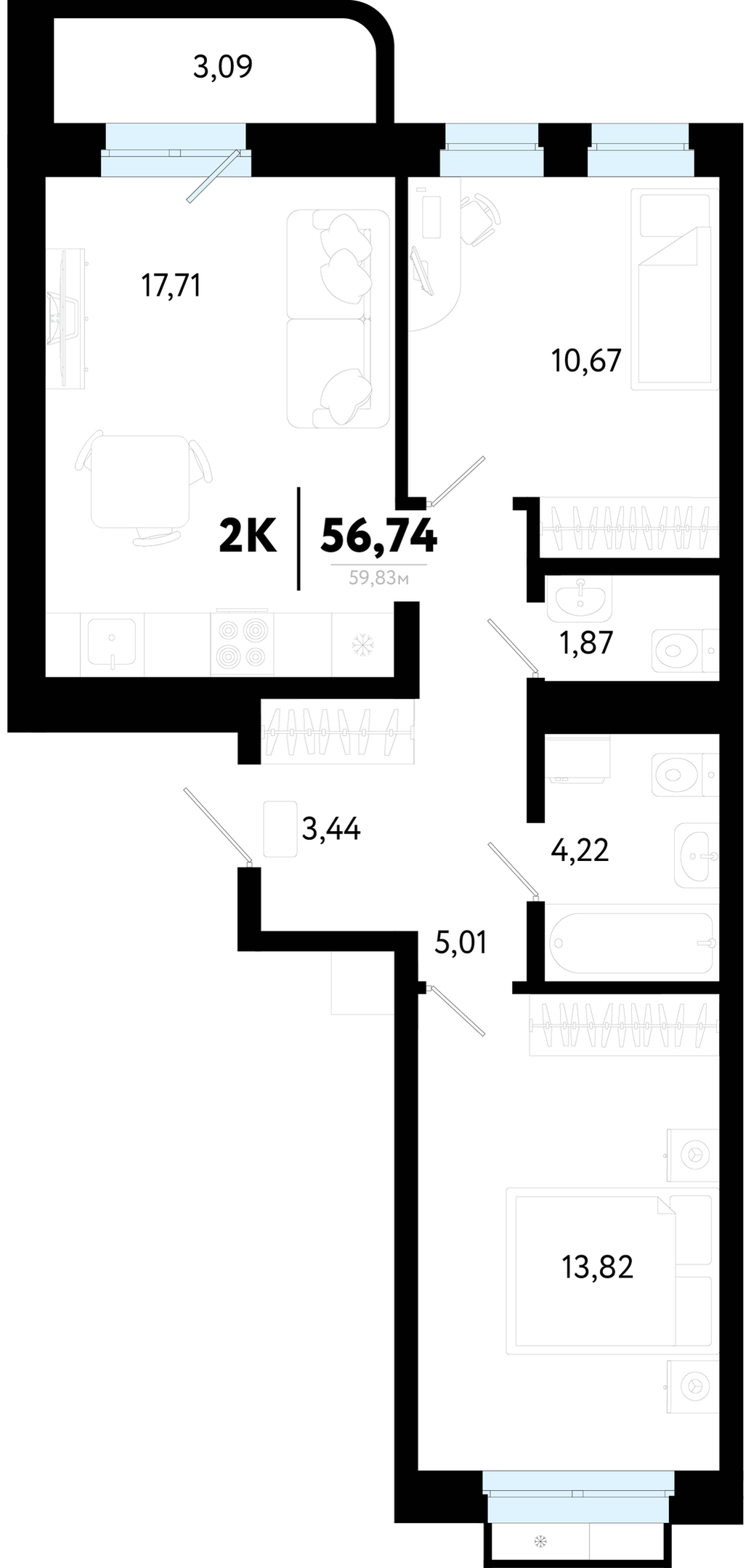 Планировка: Евротрешка 56.7 м² в ЖК Символ, Комарово Парк