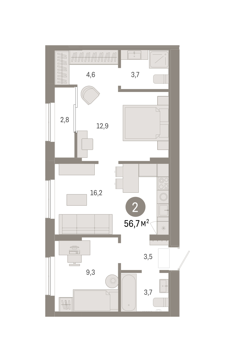 Планировка: Евротрешка 56.7 м² в ЖК Октябрьский на Туре, ДОК