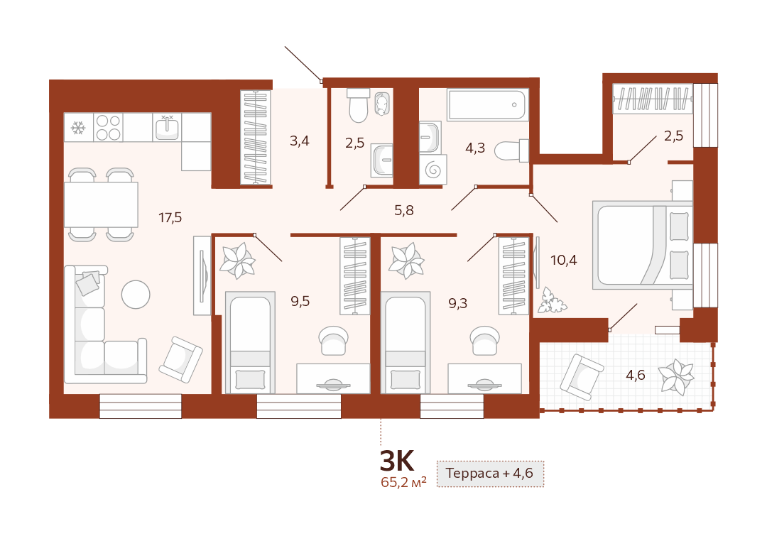 Планировка: 4-комнатная евро 65.2 м² в ЖК Новатор, Центр: КПД
