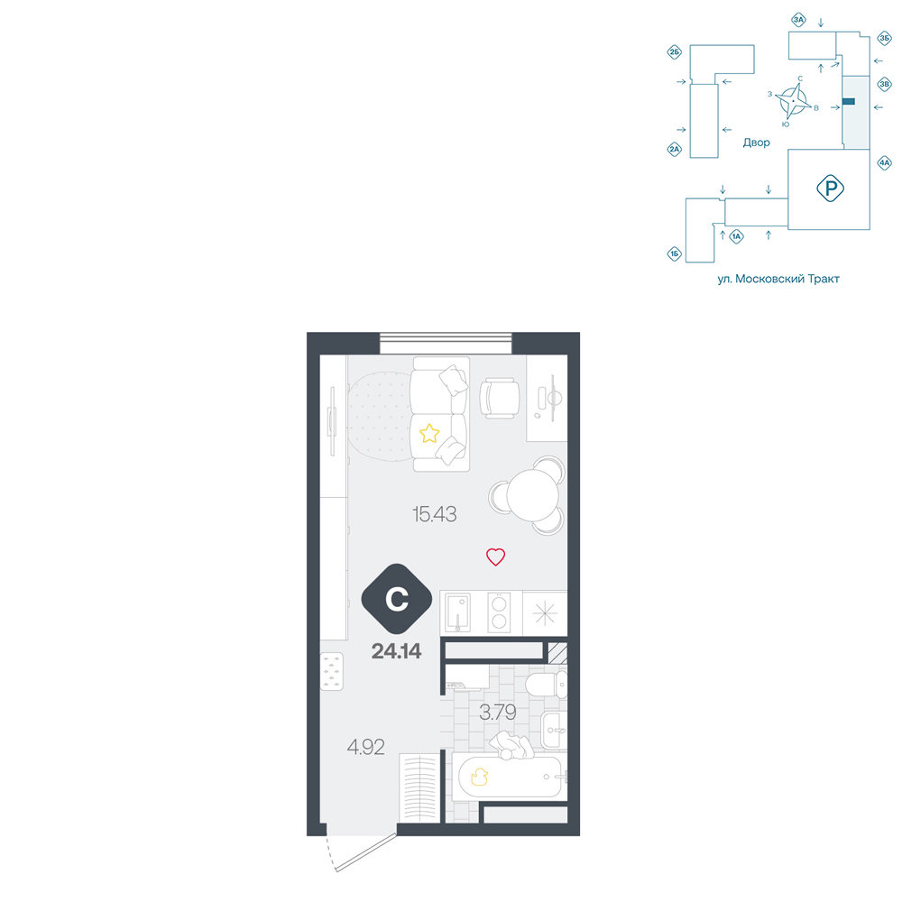 Планировка: Студия 24.1 м² в ЖК Сибирский, Московский тракт