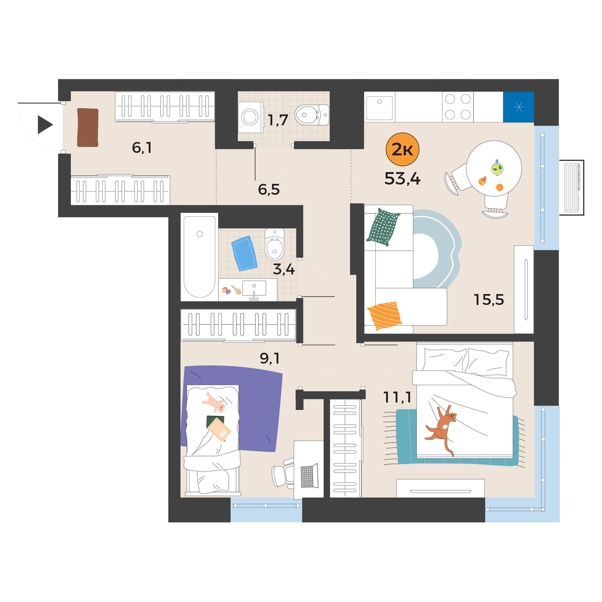 Планировка: Евротрешка 53.4 м² в ЖК Корней, Южный