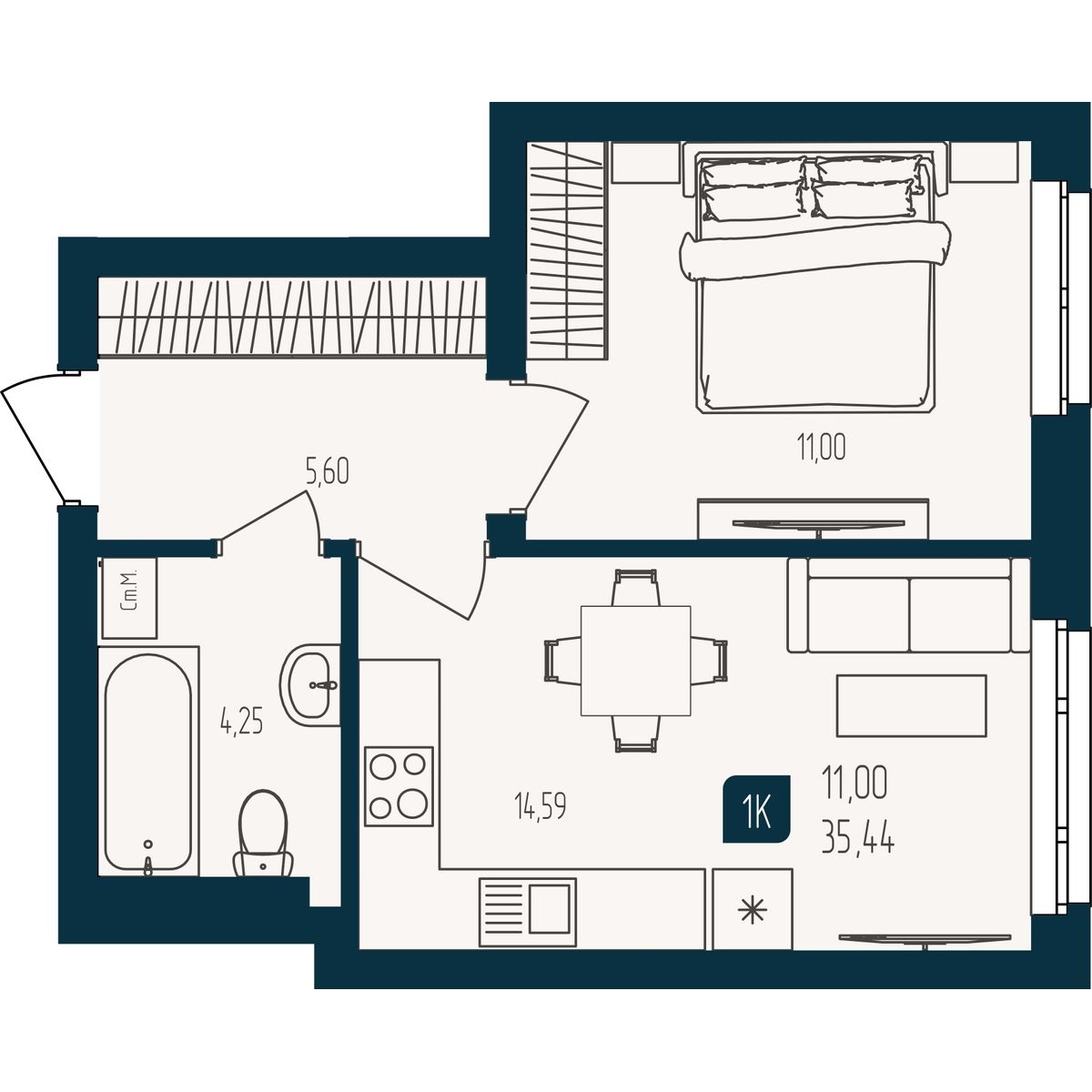 Планировка: Евродвушка 35.4 м² в ЖК Квартал мятный, Мыс