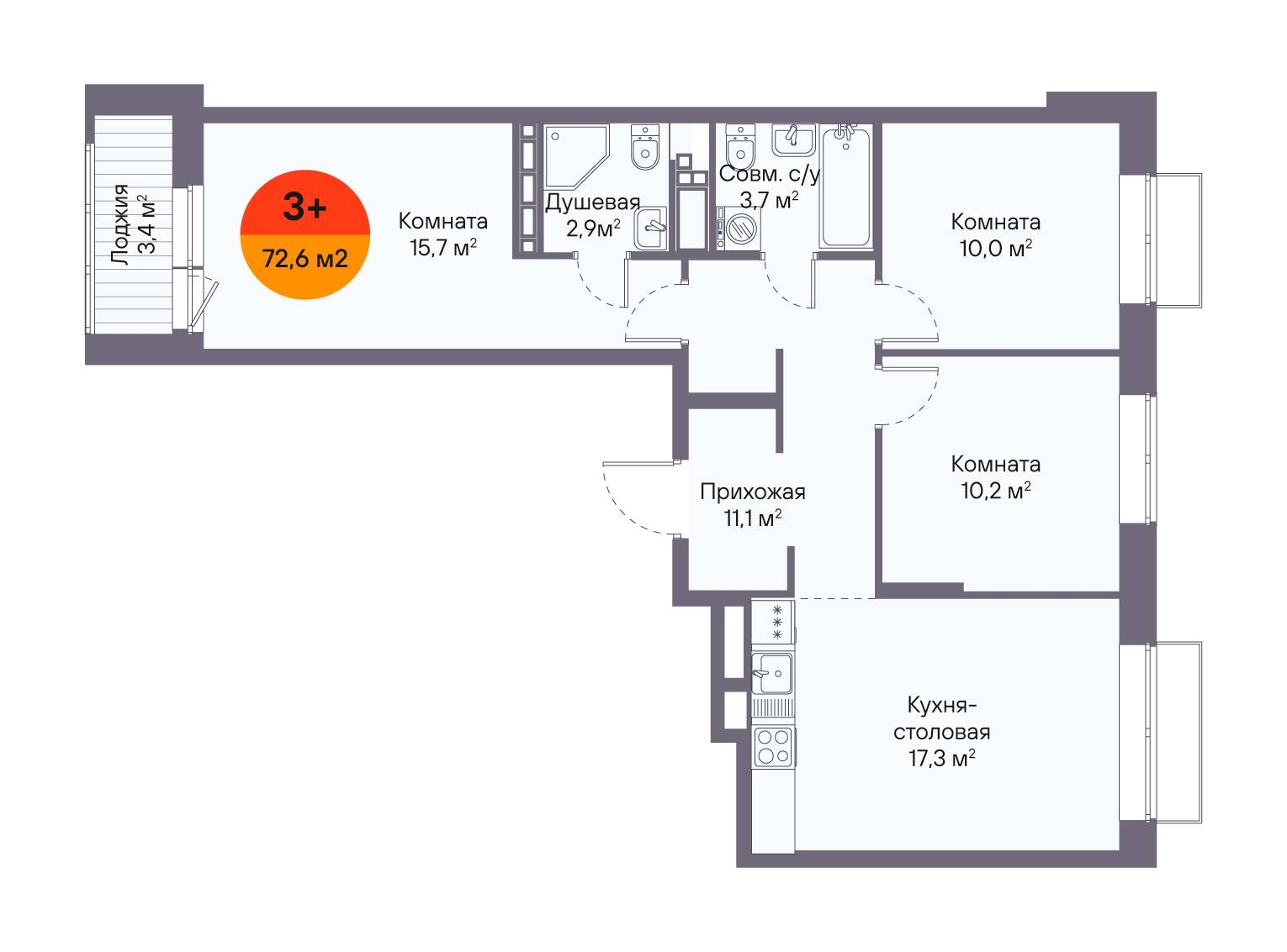 Планировка: 4-комнатная евро 72.6 м² в ЖК Восход, Матмасы