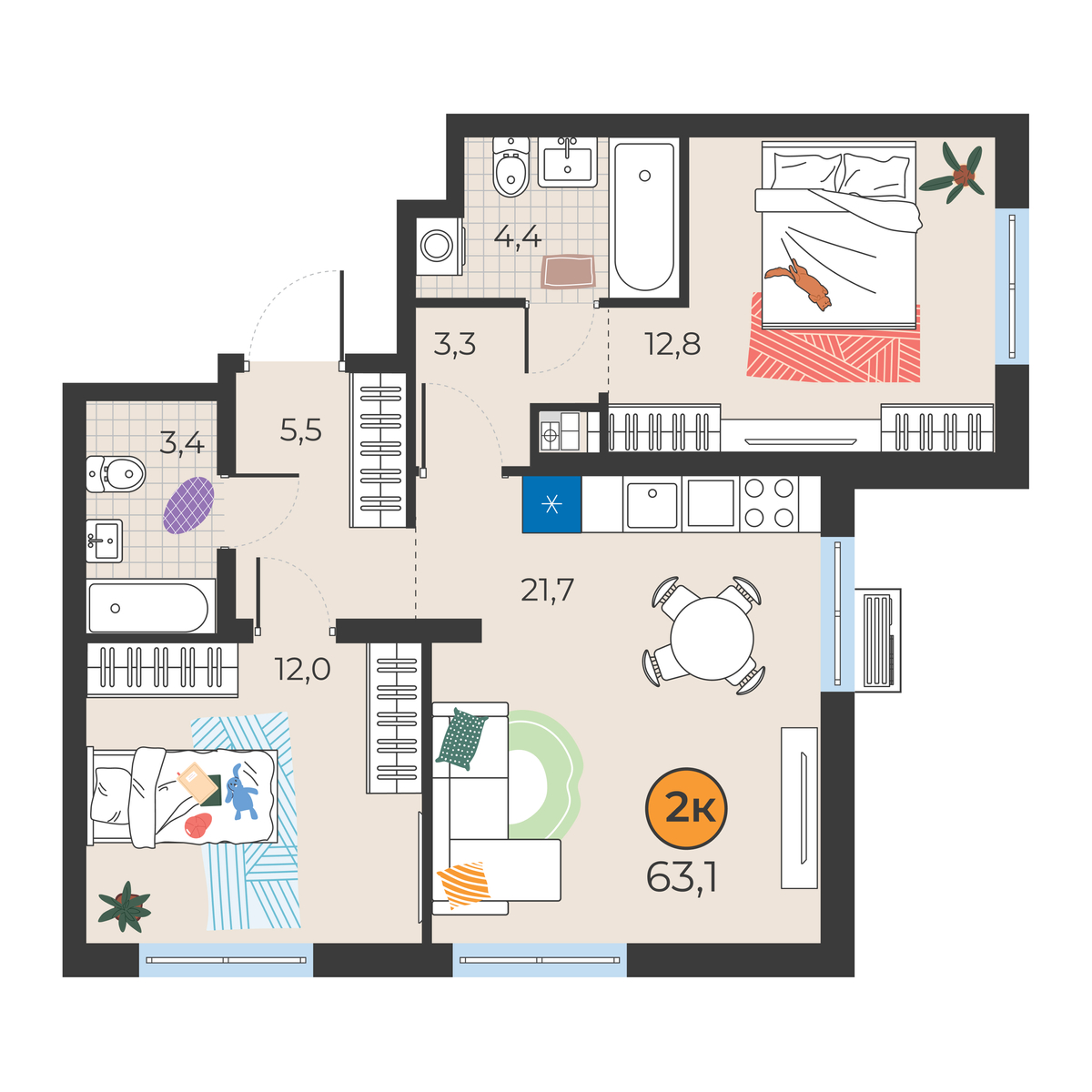 Планировка: Евротрешка 63.1 м² в ЖК Корней, Южный