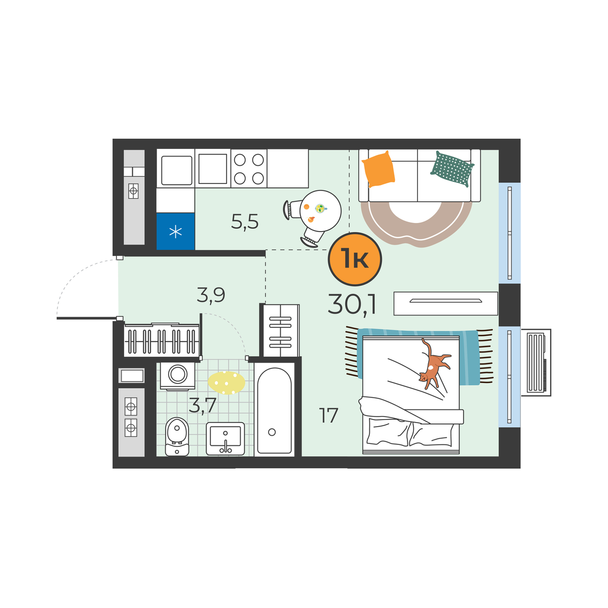 Планировка: Студия 30.1 м² в ЖК Корней, Южный
