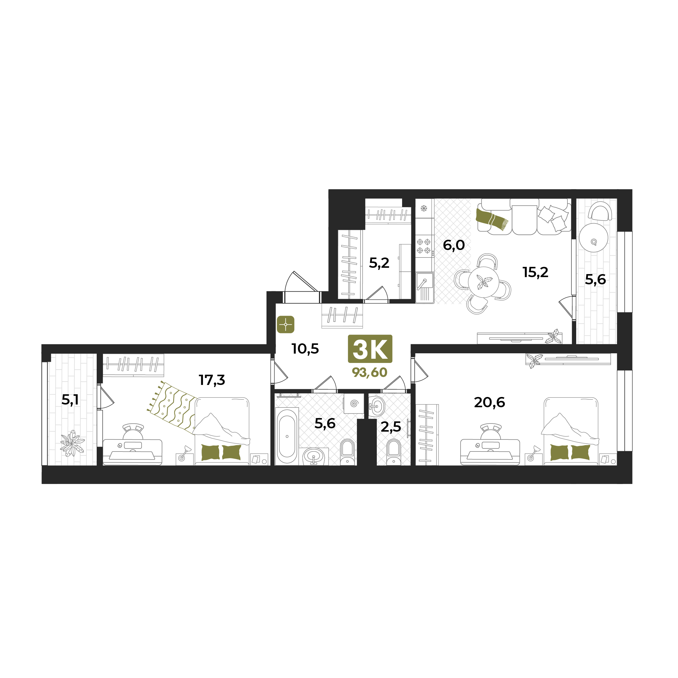 Планировка: Евротрешка 93.6 м² в ЖК Авторский проект "Опера", 5-й Заречный