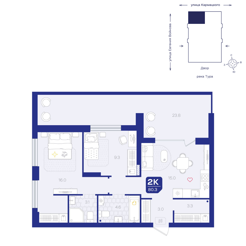 Планировка: Евротрешка 80.3 м² в ЖК Космо, 5-й Заречный